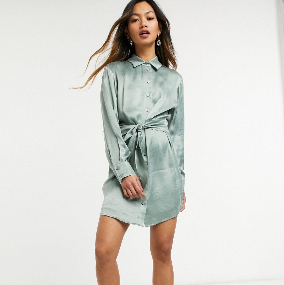 & Other Stories tie waist satin mini shirt dress in dusty green